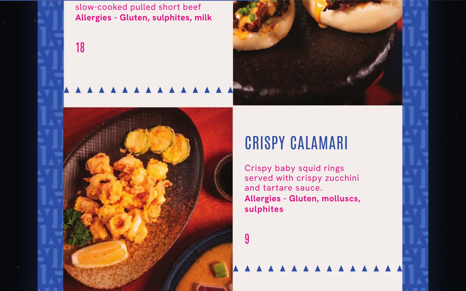 Two dishes from the Above Eleven menu on a tablet, each with its photo, description, allergies and price