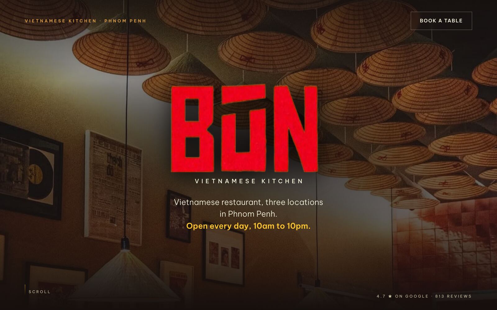 The BÚN homepage, with the logo over a photo of the dining room