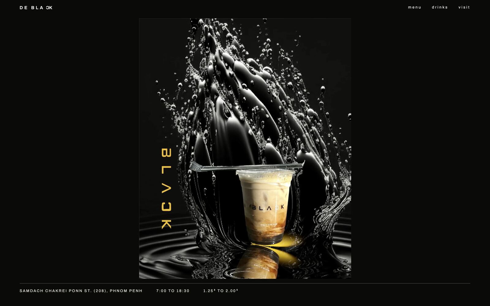 The DE BLACK homepage, a coffee cup photographed against black